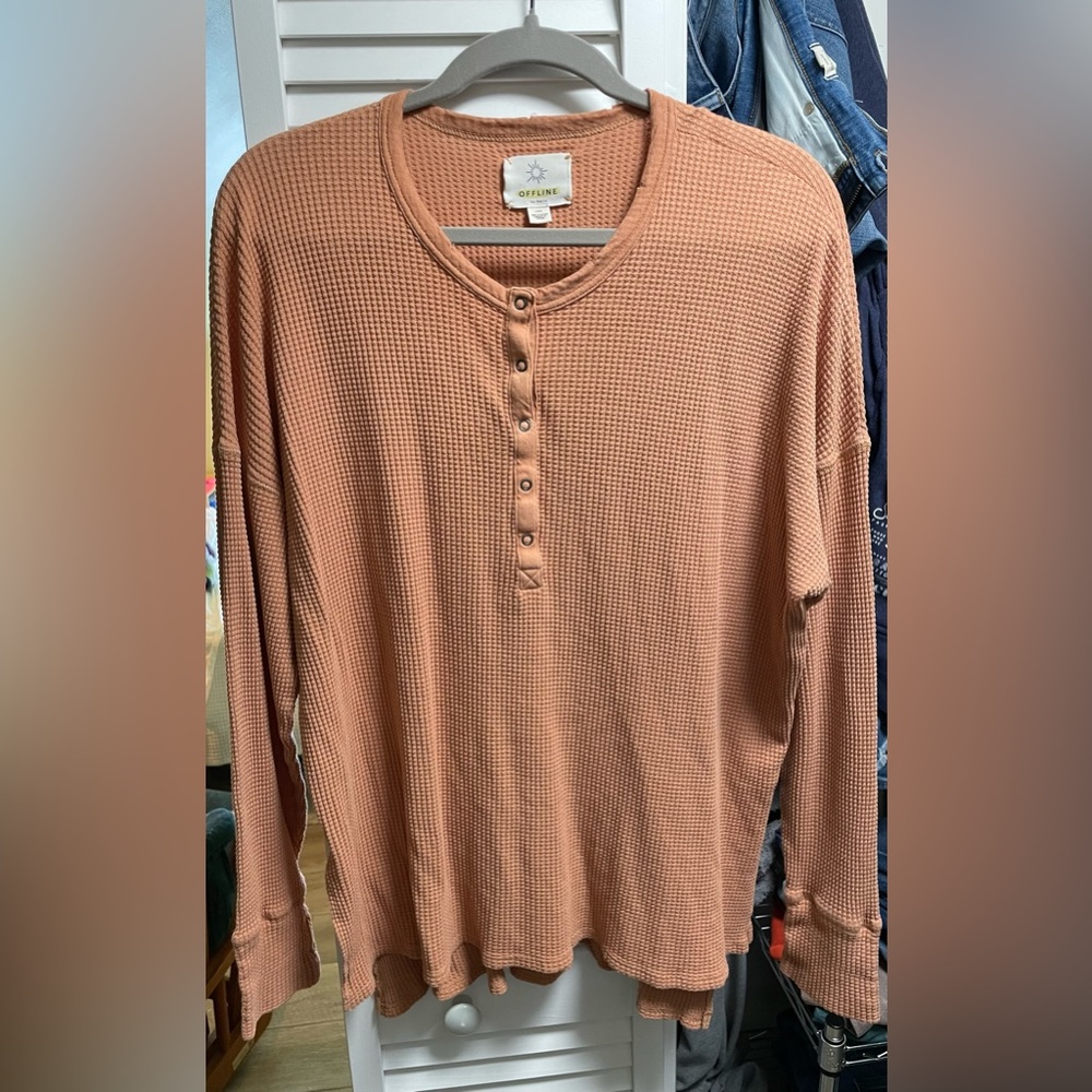 Aerie Offline Way Back Waffle Henley in Hazel